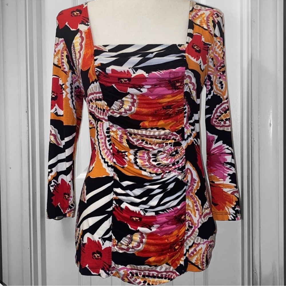 Vintage! Jon Den Ruched-front Bold-color Floral Print Blouse